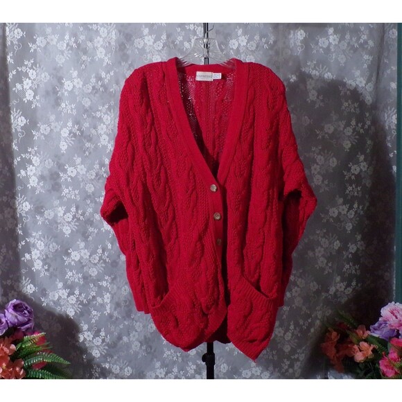 Vintage 90s Cardigan Size Large 1990s Red Cable Knit Oversize Cozy Academia Cute - Picture 1 of 6